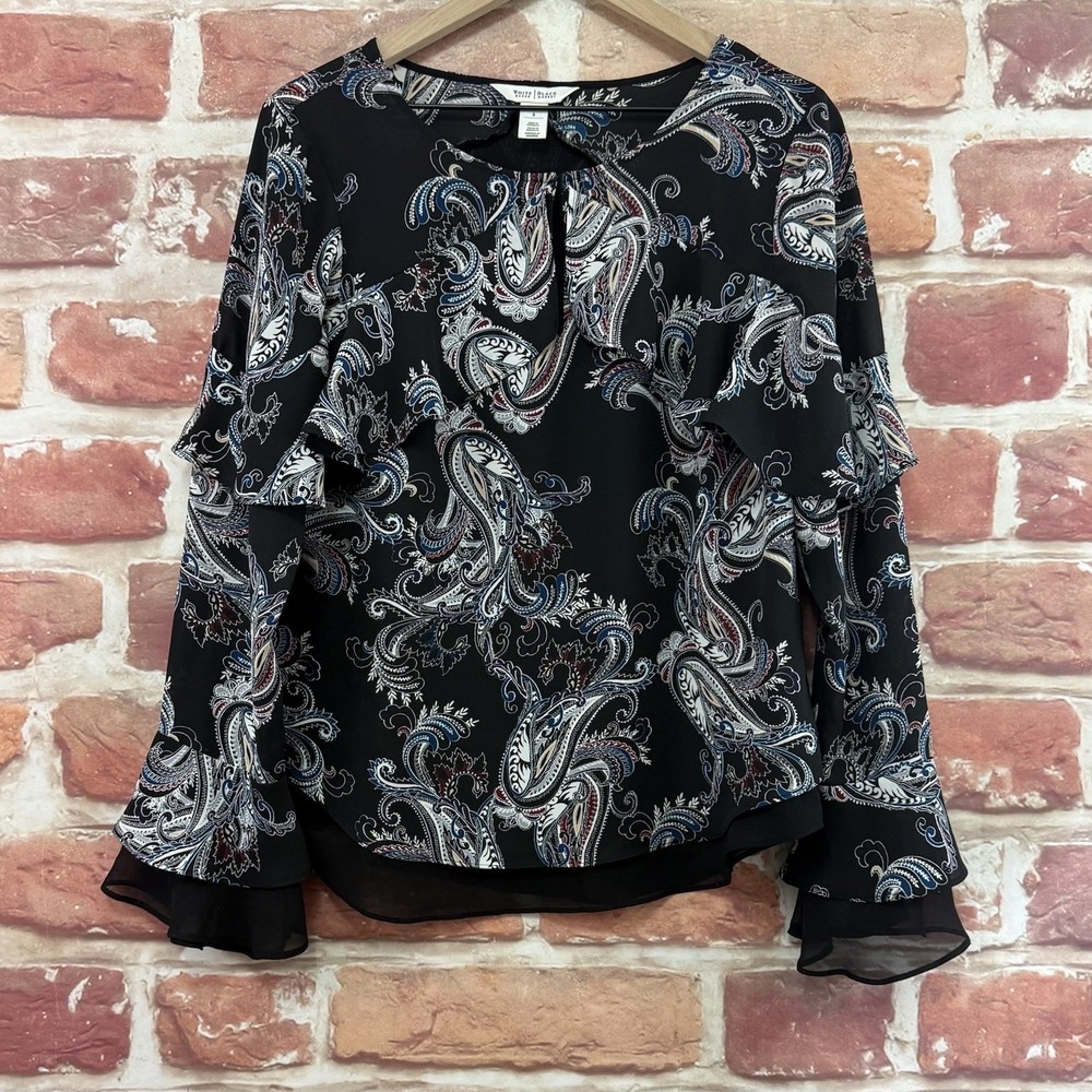 White House Black Market Top Women's 8 Multicolor Garden Floral Ruffle Shirt